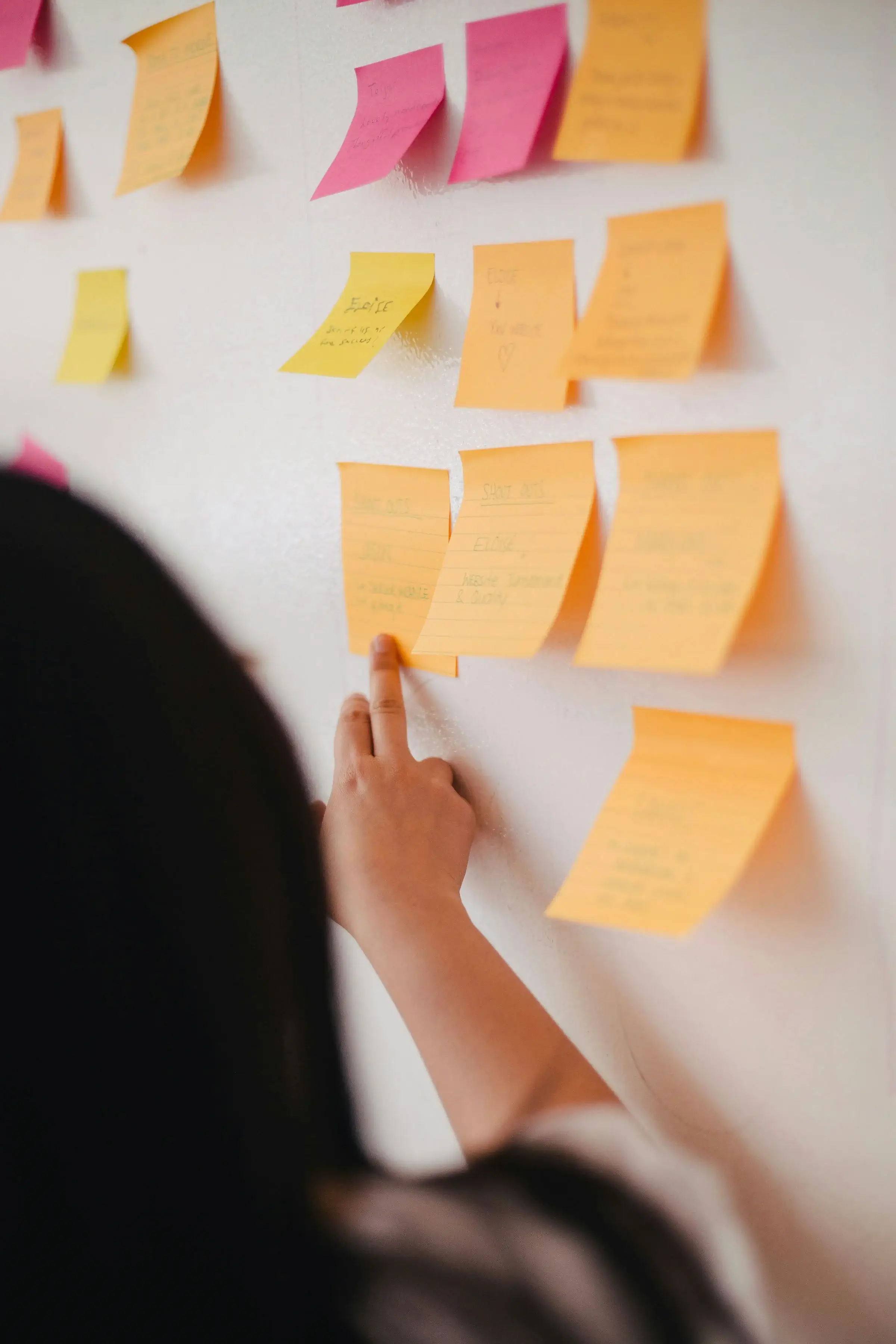 Des post-it oranges accrochés sur un mur, illustrant l'ambiance collaborative d'intraconnect.